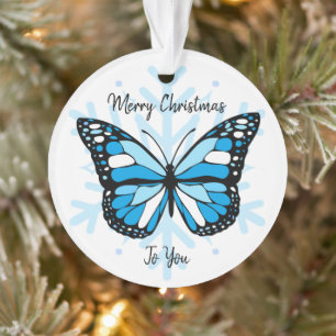Blue Butterfly on a Snowflake Christmas Ornament
