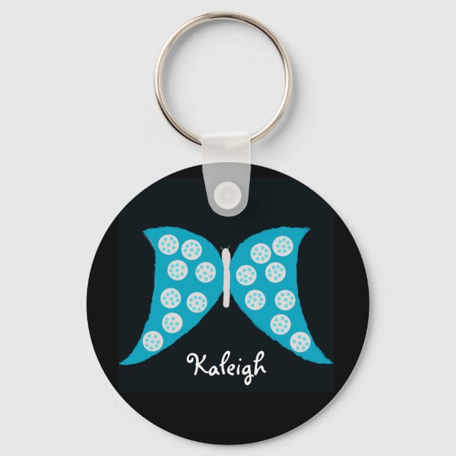 Blue Butterfly on Black Personalized Keychain (Front)