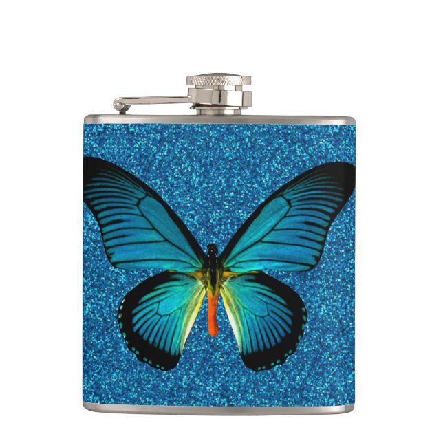 Blue Butterfly On Blue Glitter Flask (Front)