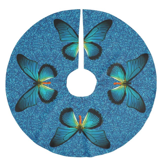 Blue Butterfly On Blue Glitter Tree Skirt (Front)