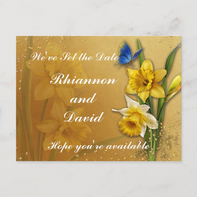 Blue Butterfly on Daffodil  Save the Date Postcard (Front)
