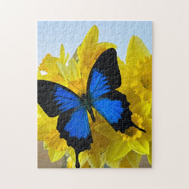 Blue butterfly on daffodils jigsaw puzzle (Vertical)