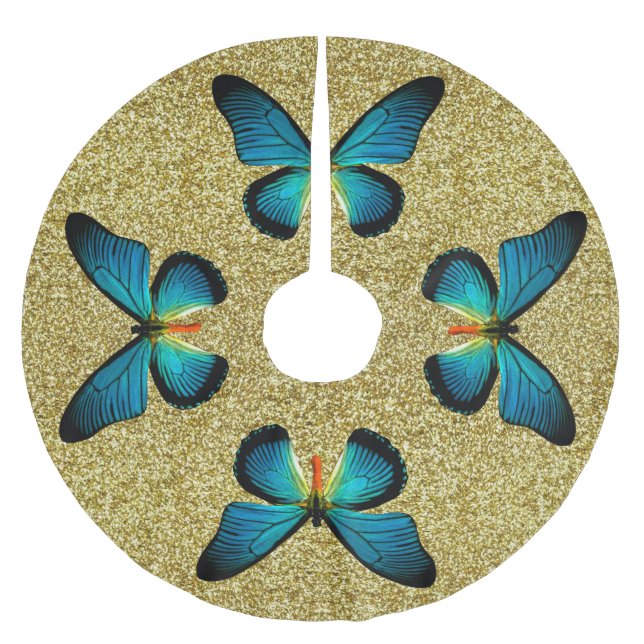 Blue Butterfly On Gold Glitter Tree Skirt (Front)