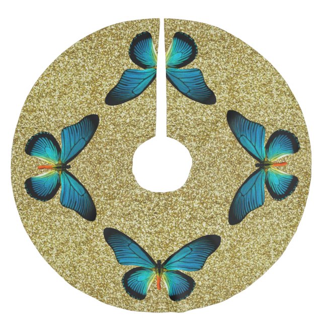 Blue Butterfly On Gold Glitter Tree Skirt (Front)