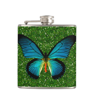 Blue Butterfly On Green Glitter Flask