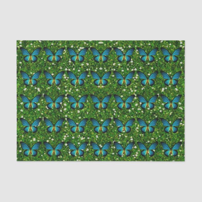 Blue Butterfly On Green Glitter Tissue Paper (Front)