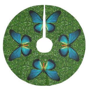 Blue Butterfly On Green Glitter Tree Skirt