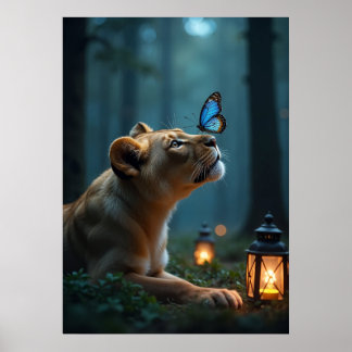 Blue Butterfly on Lion's Nose in Mystical Forest Poster