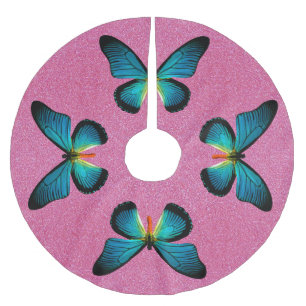 Blue Butterfly On Pink Glitter Tree Skirt