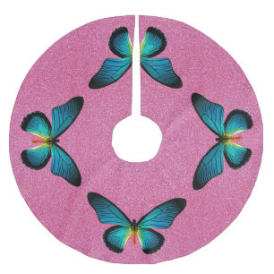 Blue Butterfly On Pink Glitter Tree Skirt