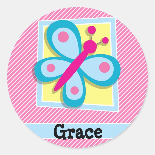 Blue Butterfly on Pink & White Stripes Classic Round Sticker (Front)