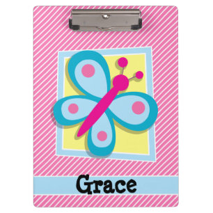 Blue Butterfly on Pink & White Stripes Clipboard