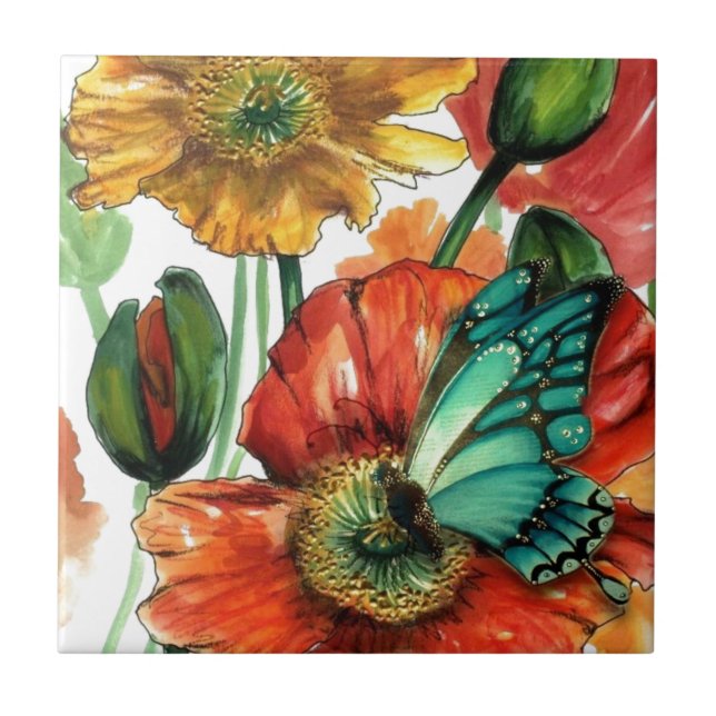 Blue Butterfly on Poppies Tile (Front)