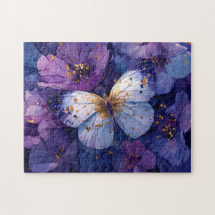 Blue Butterfly on Purple Flowers Jigsaw Puzzle