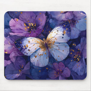 Blue Butterfly on Purple Flowers Mouse Mat