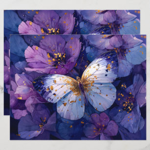 Blue Butterfly on Purple Flowers Scrapbook Paper