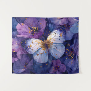 Blue Butterfly on Purple Flowers Tapestry