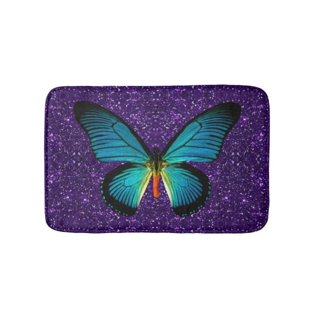 Blue Butterfly On Purple Glitter Bath Mat (Front)