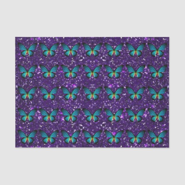 Blue Butterfly On Purple Glitter Tissue Paper (Front)