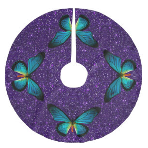 Blue Butterfly On Purple Glitter Tree Skirt