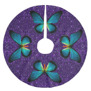 Blue Butterfly On Purple Glitter Tree Skirt