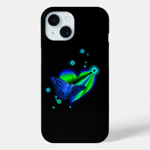 Blue Butterfly on Rainbow Heart with Stars iPhone 15 Case