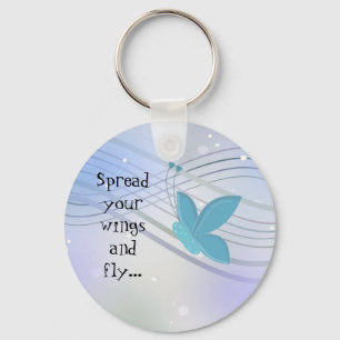 Blue Butterfly on Ribbon Swirls Key Ring