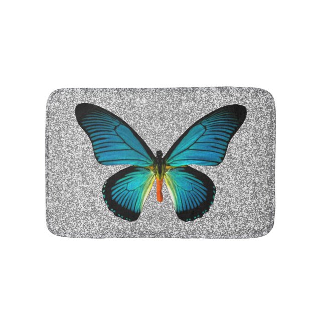 Blue Butterfly On Silver Glitter Bath Mat (Front)
