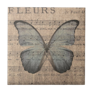 Blue Butterfly on Vintage Sheet Music Tile