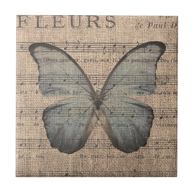 Blue Butterfly on Vintage Sheet Music Tile (Front)