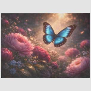 Blue Butterfly Over Pink Peonies Spring Garden Tissue Paper