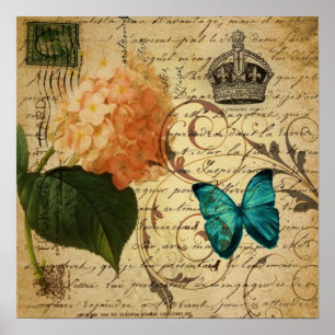 blue butterfly paris scripts french botanical poster