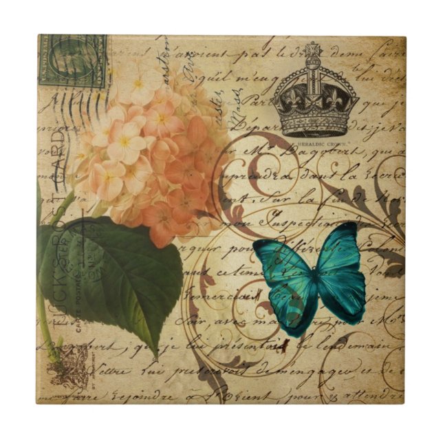 blue butterfly paris scripts french botanical tile (Front)