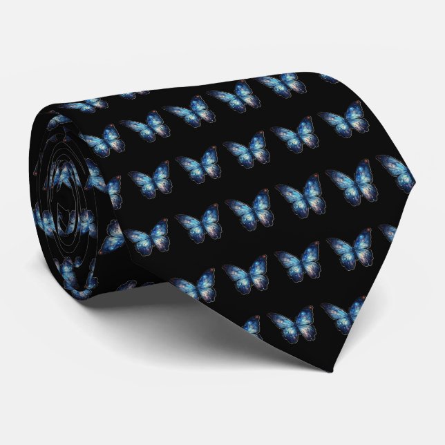 Blue Butterfly Pattern Black Tie (Rolled)