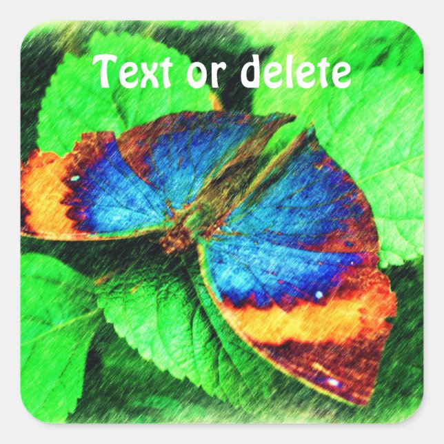Blue Butterfly Pencil Art Personalised Square Sticker (Front)