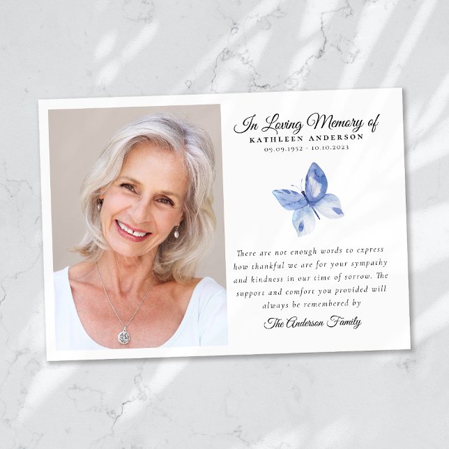 Blue Butterfly Photo Funeral Memorial Thank You Card (Creator Uploaded)