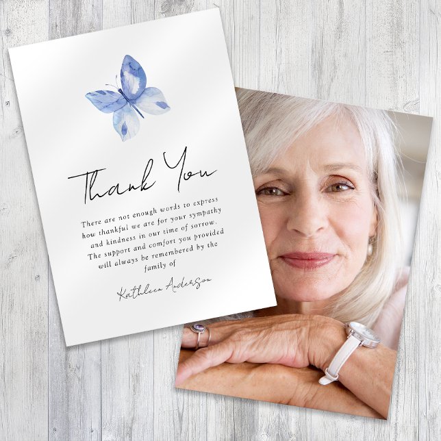 Blue Butterfly Photo Sympathy Funeral  Thank You Card (Creator Uploaded)