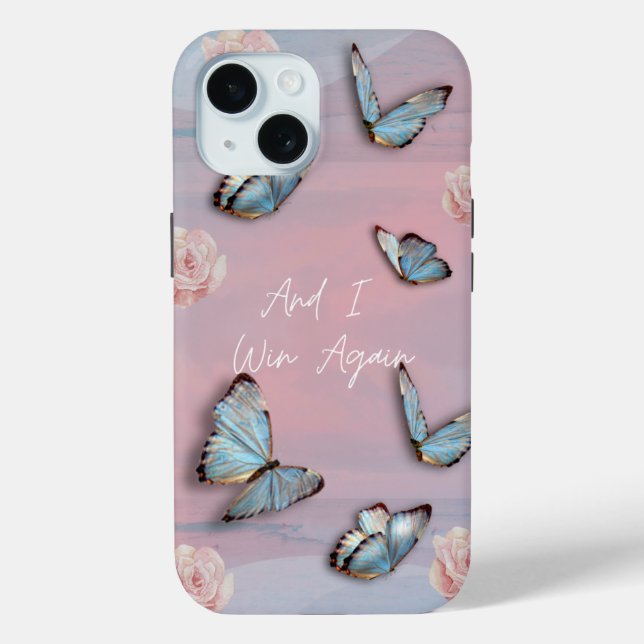 Blue butterfly, pink rose motivational phone case (Back)