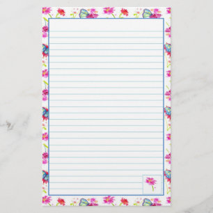 Blue Butterfly Pink Watercolor Flowers Lined Stationery