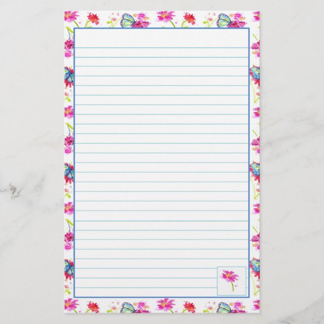 Blue Butterfly Pink Watercolor Flowers Lined Stationery (Front)
