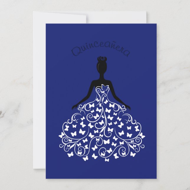 Blue Butterfly Quinceanera Ball Gown Invitation (Front)