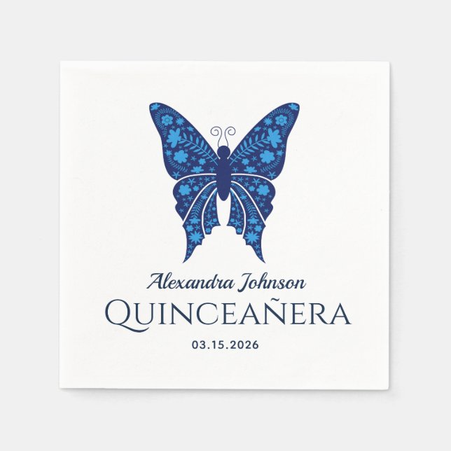 Blue Butterfly Quinceañera Napkin (Front)