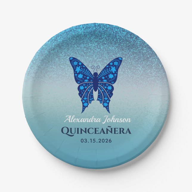 Blue Butterfly Quinceañera Paper Plate (Front)