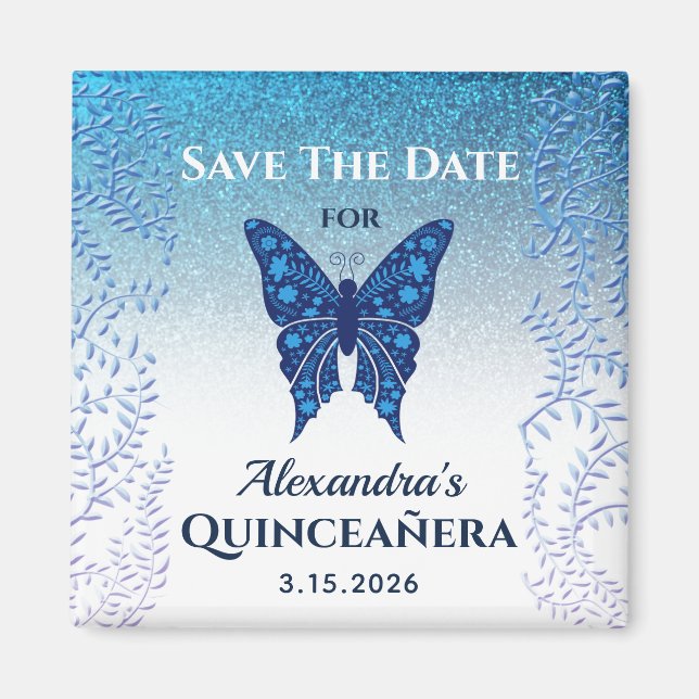 Blue Butterfly Quinceañera Save the Date Magnet (Front)