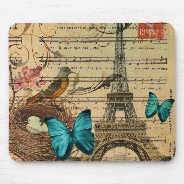 Blue butterfly Robin bird nest Paris Eiffel Tower Mouse Mat (Front)