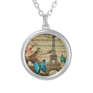 Blue butterfly Robin bird nest Paris Eiffel Tower Silver Plated Necklace