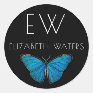 BLUE BUTTERFLY ROUND CUSTOM NAME STICKER