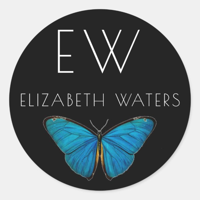BLUE BUTTERFLY ROUND CUSTOM NAME STICKER (Front)