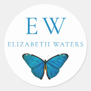 BLUE BUTTERFLY ROUND CUSTOM NAME STICKER