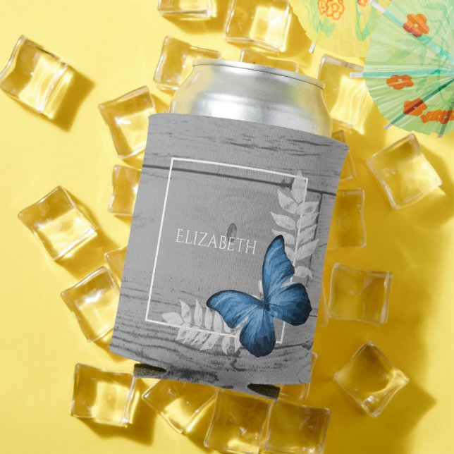 Blue Butterfly Rustic Can Cooler (In Situ Summer)